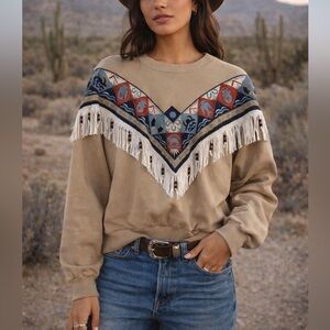 Vintage Quitman USA Fringe Southwestern Aztec Sweatshirt Medium Large Western